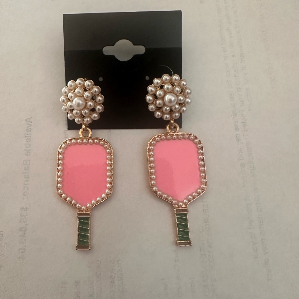 Pickleball Paddle Gold Plated Pearl Cluster Earrings
